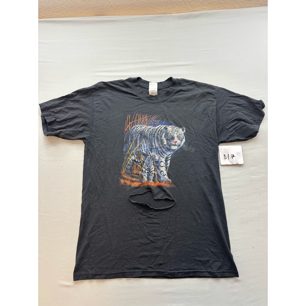 Vintage Gildan White Tiger Graphic T-Shirt Black Distressed Large Ultra Blend